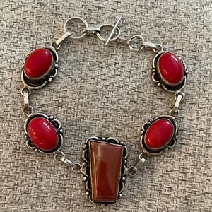 Sterling Silver, Red Coral, Jasper Bracelet